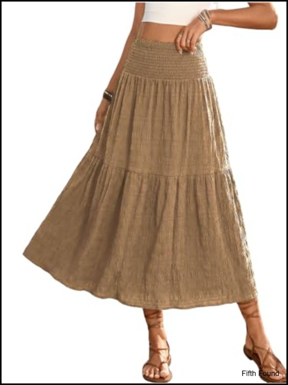 Boho Midi Skirt Smocked High Waist A-Line Tiered Summer Beach Vacation